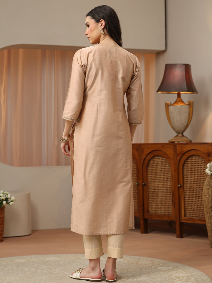 Beige Floral Embroidered Silk Blend Straight Kurta