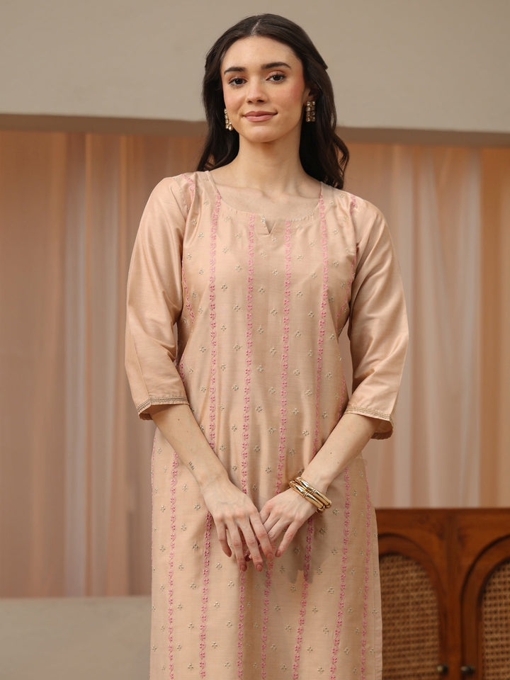 Beige Floral Embroidered Silk Blend Straight Kurta