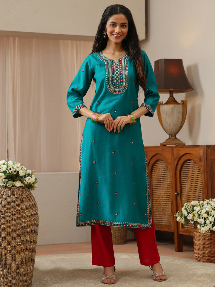 Turquoise Embroidered Silk Blend Straight Kurta