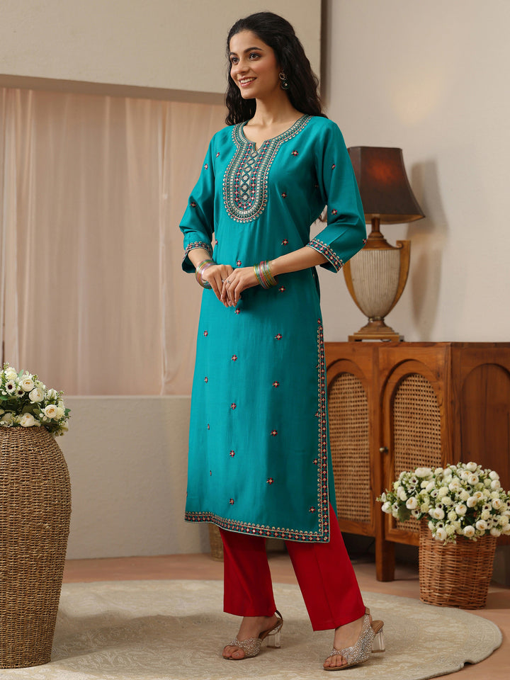 Turquoise Embroidered Silk Blend Straight Kurta