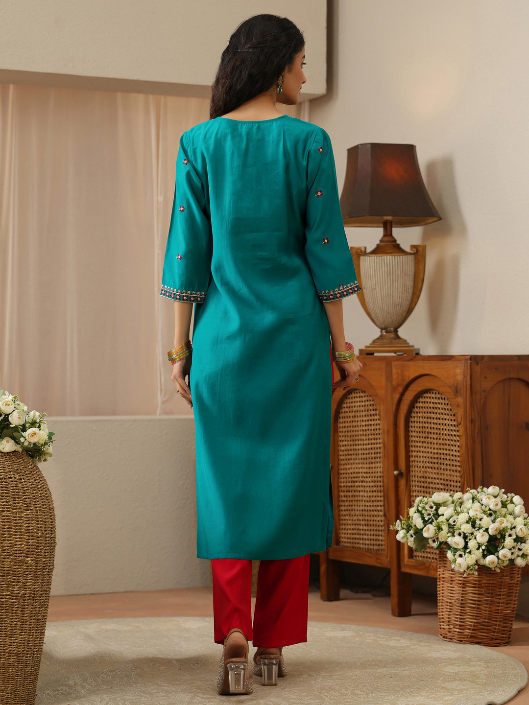 Turquoise Embroidered Silk Blend Straight Kurta