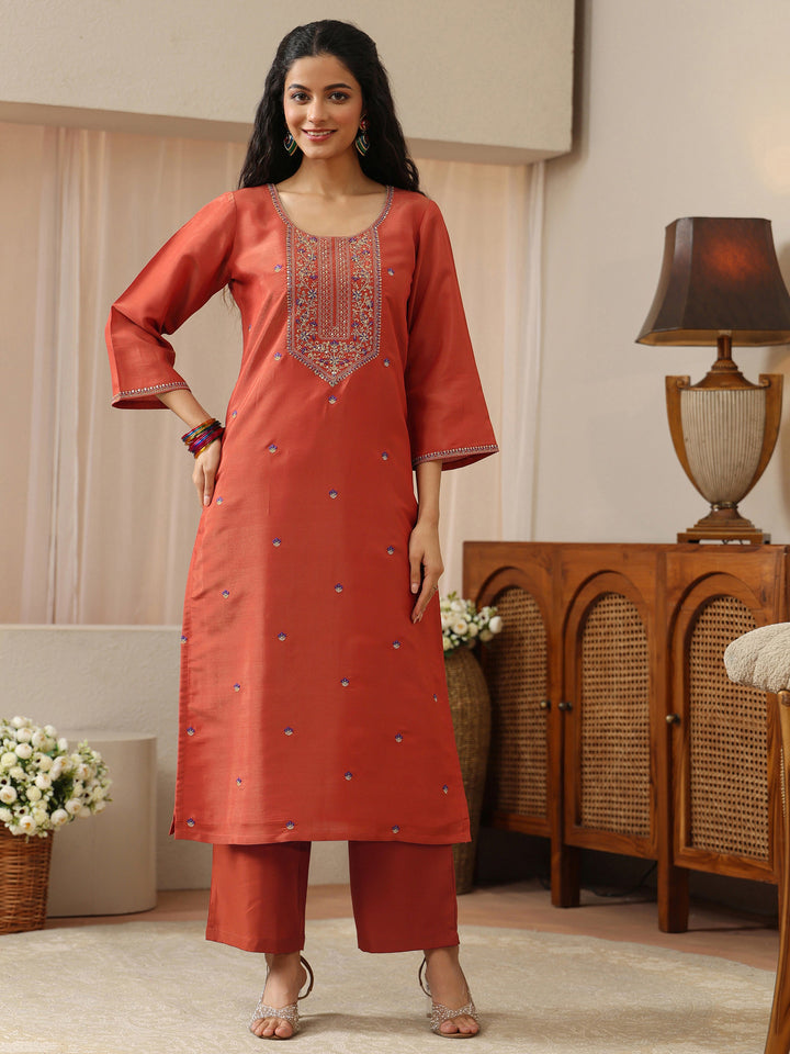 Burnt Orange Embellished Yoke Silk Blend Straight Kurta