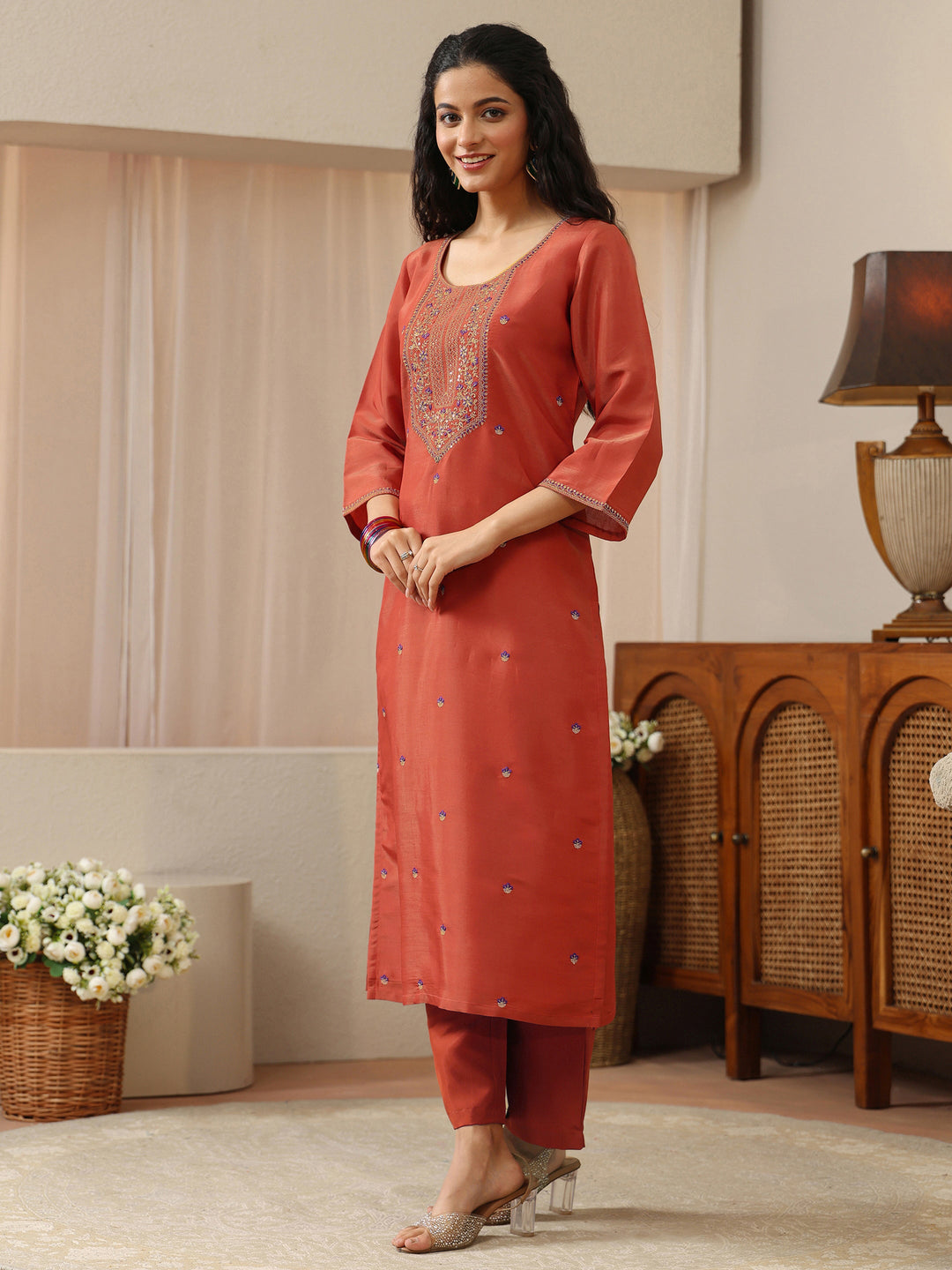 Burnt Orange Embellished Yoke Silk Blend Straight Kurta