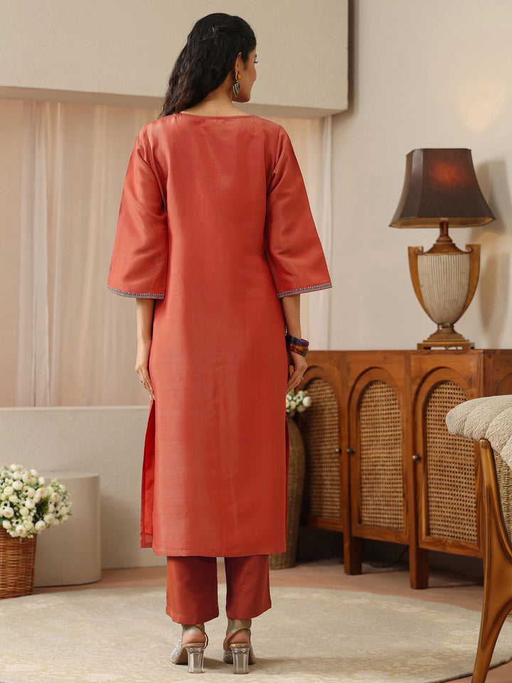 Burnt Orange Embellished Yoke Silk Blend Straight Kurta