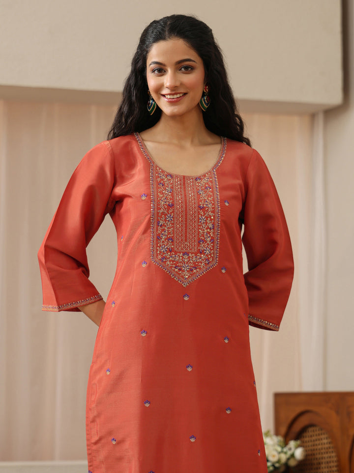 Burnt Orange Embellished Yoke Silk Blend Straight Kurta