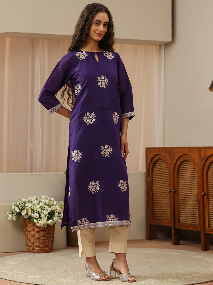 Purple Floral Embroidered Chanderi Cotton Straight Kurta