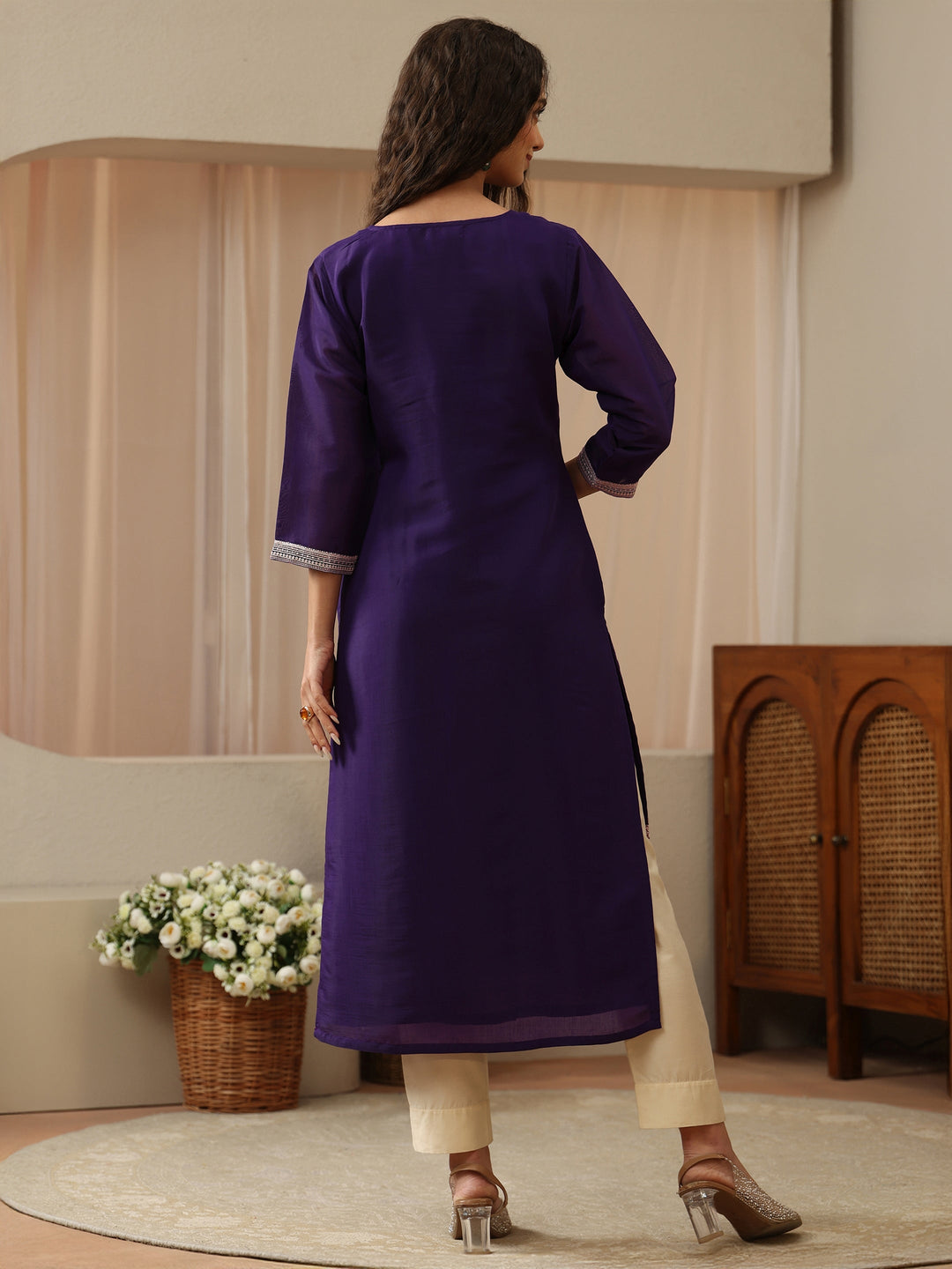 Purple Floral Embroidered Chanderi Cotton Straight Kurta