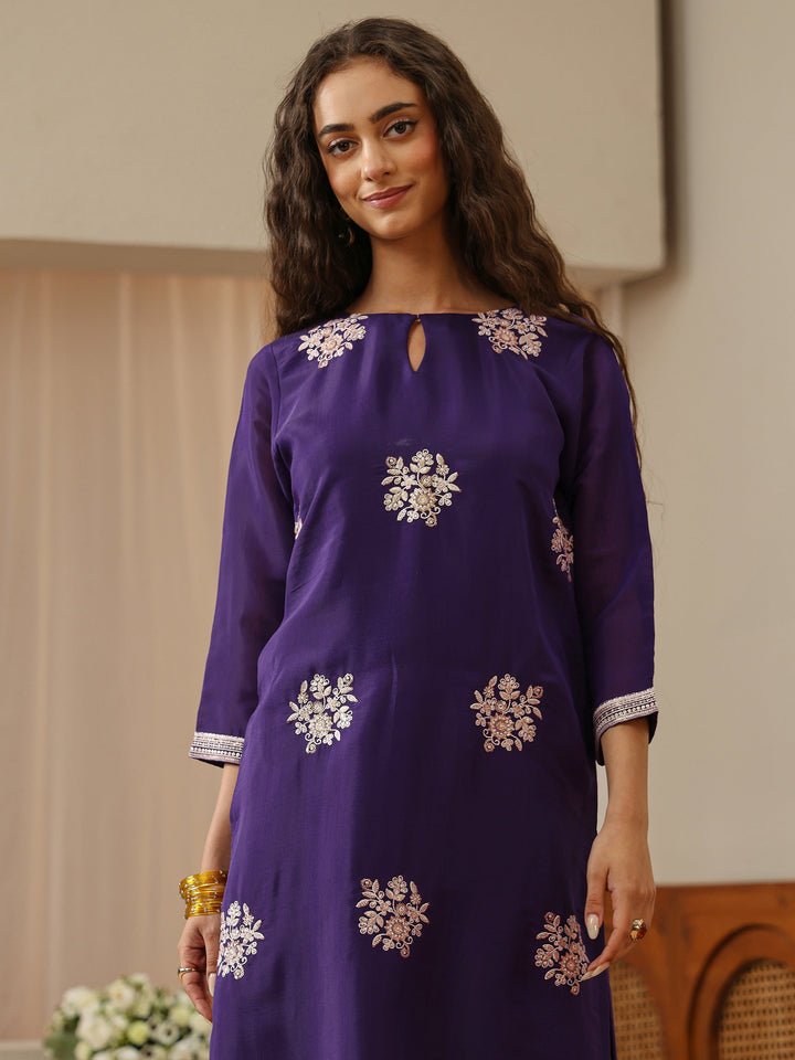 Purple Floral Embroidered Chanderi Cotton Straight Kurta