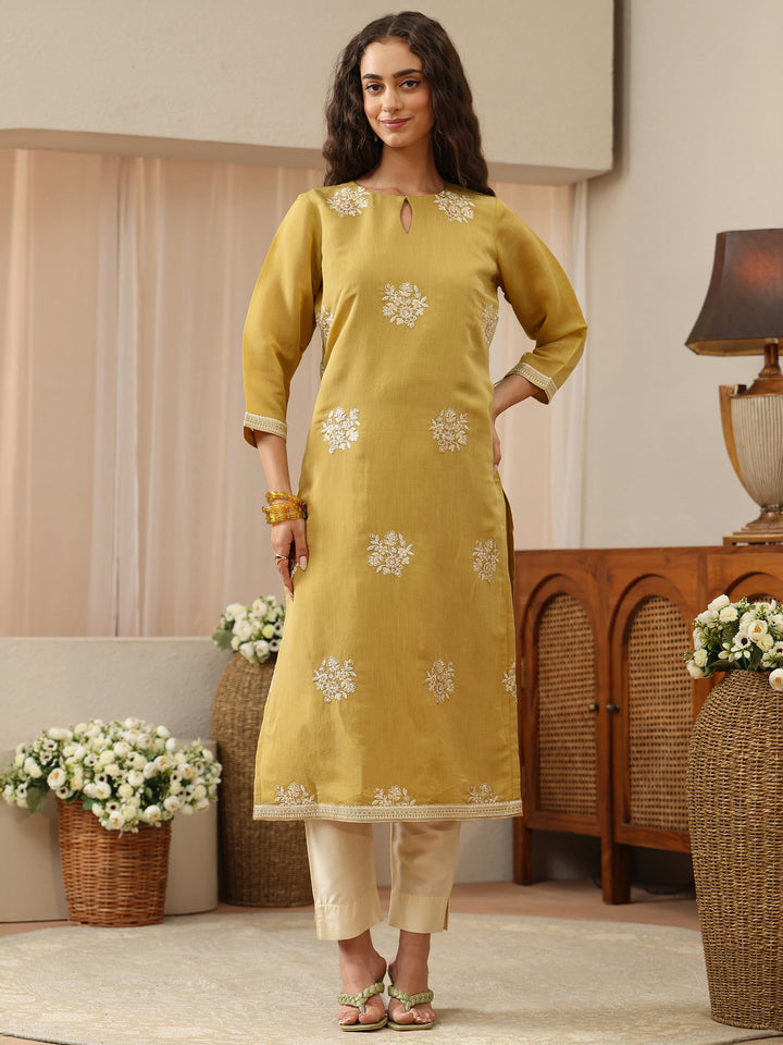 Yellow Green  Floral Embroidered Chanderi Cotton Straight Kurta
