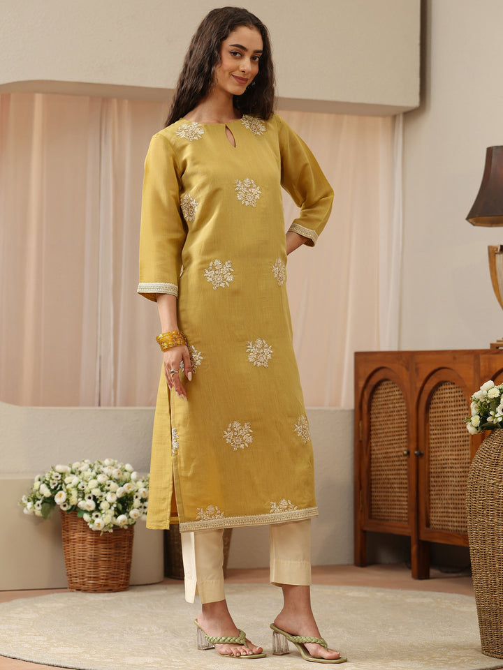 Yellow Green  Floral Embroidered Chanderi Cotton Straight Kurta