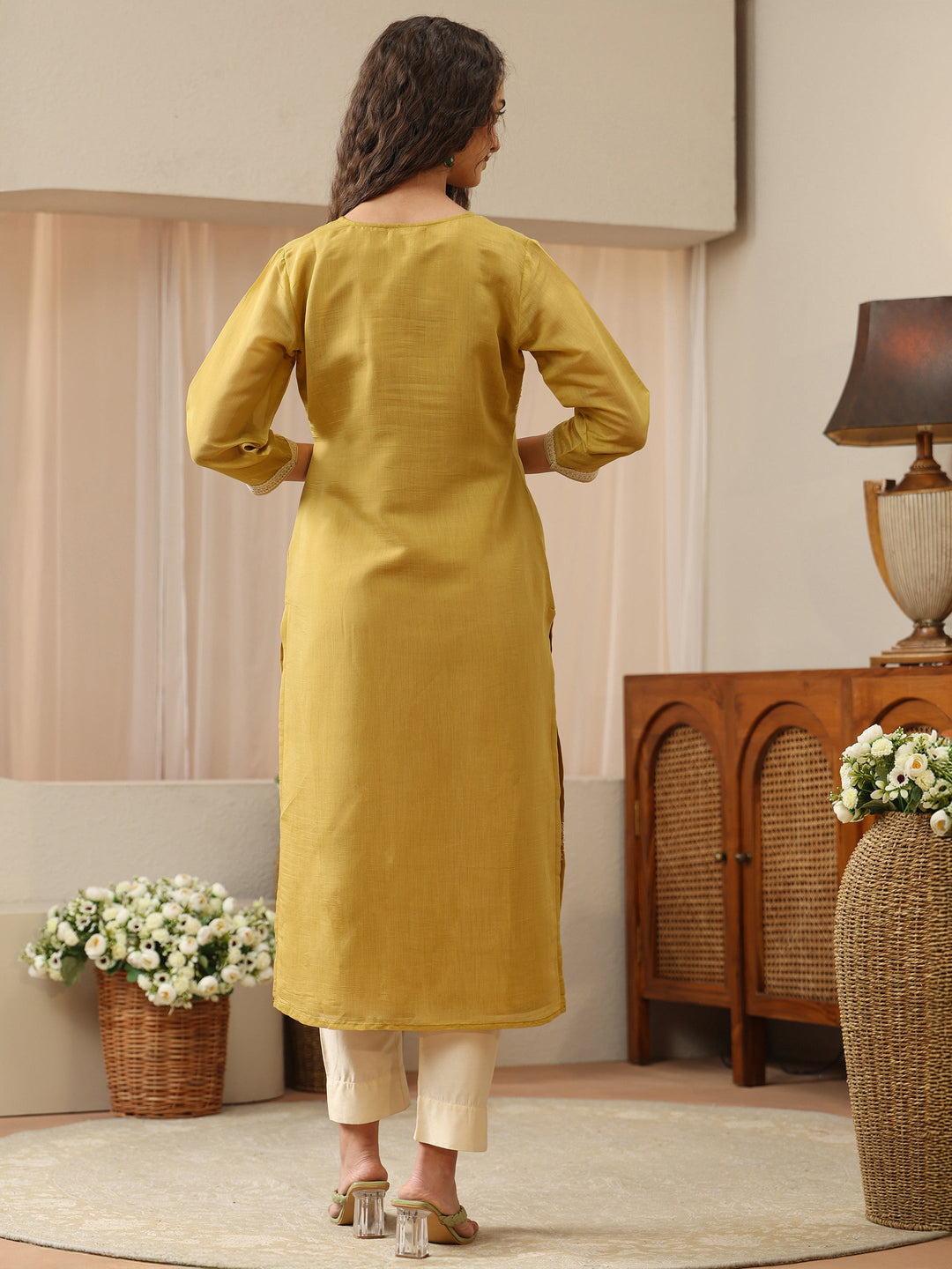 Yellow Green  Floral Embroidered Chanderi Cotton Straight Kurta