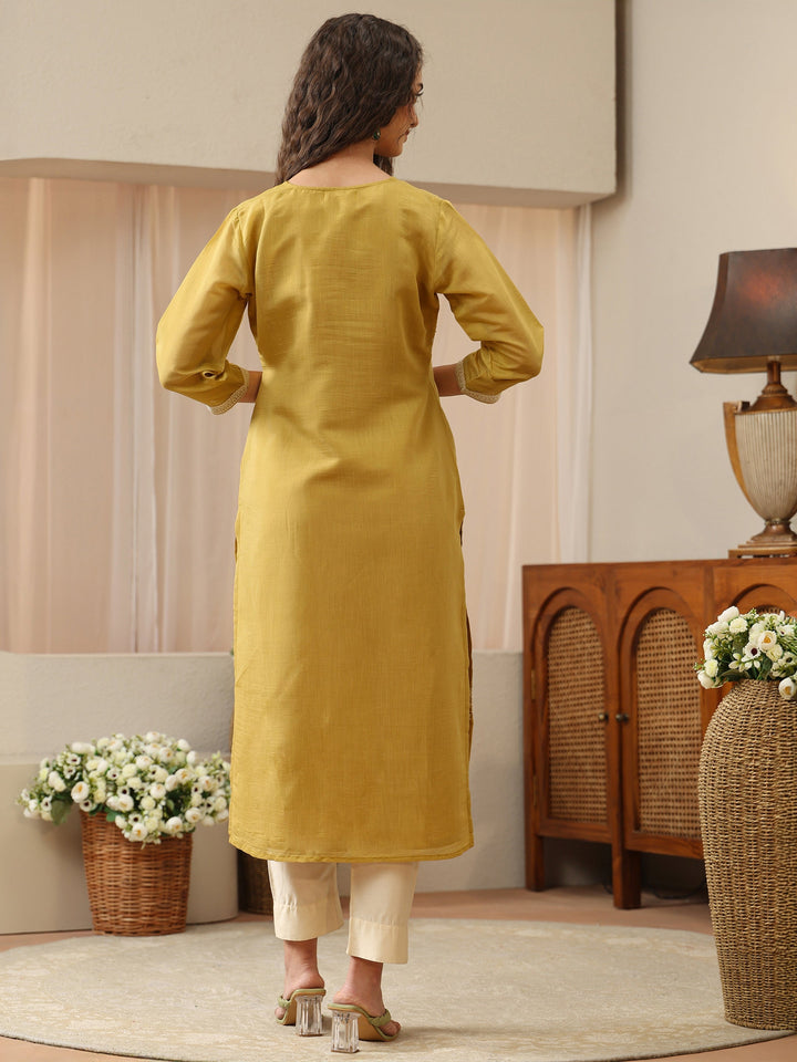 Yellow Green  Floral Embroidered Chanderi Cotton Straight Kurta