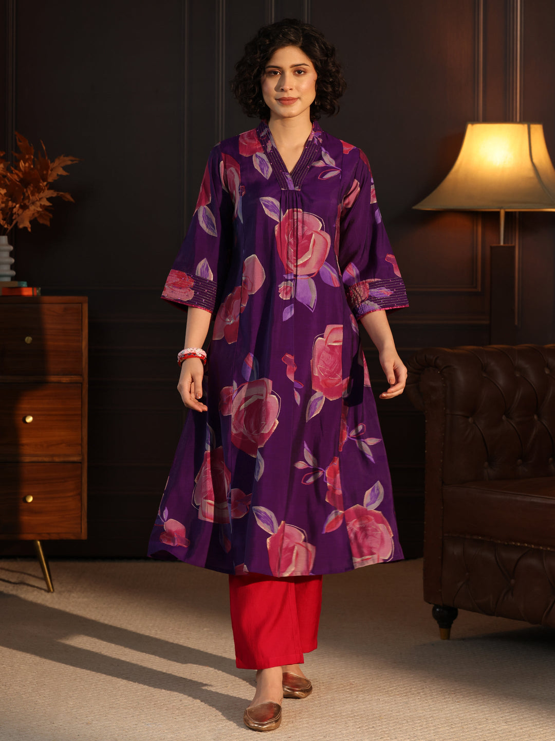 Libas Purple Floral printed A-Line Kurta