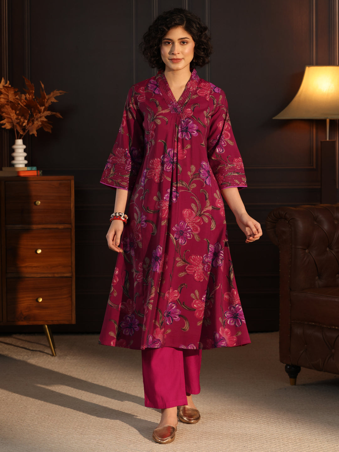 Libas Pink Floral printed A-Line Kurta