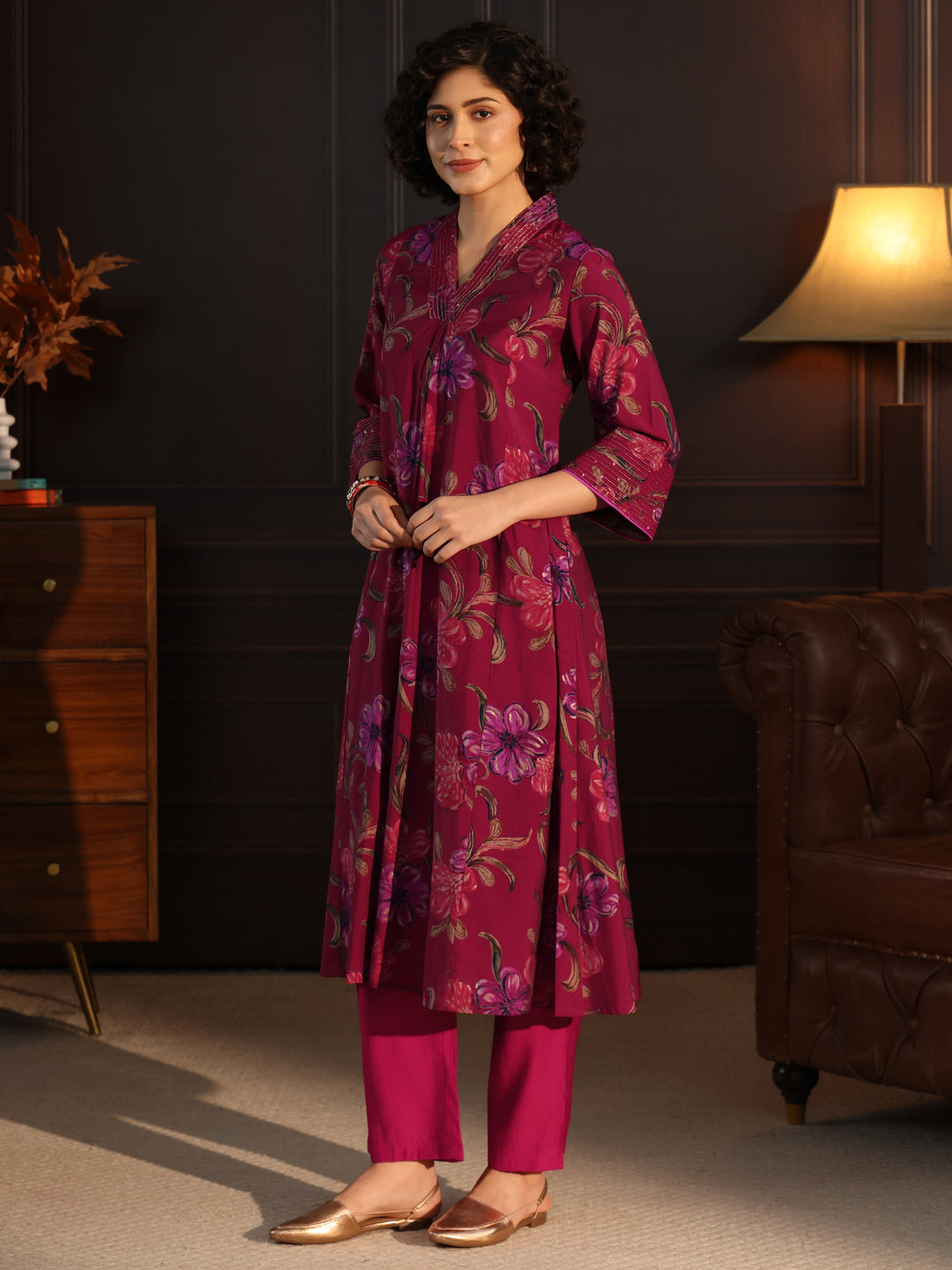 Libas Pink Floral printed A-Line Kurta