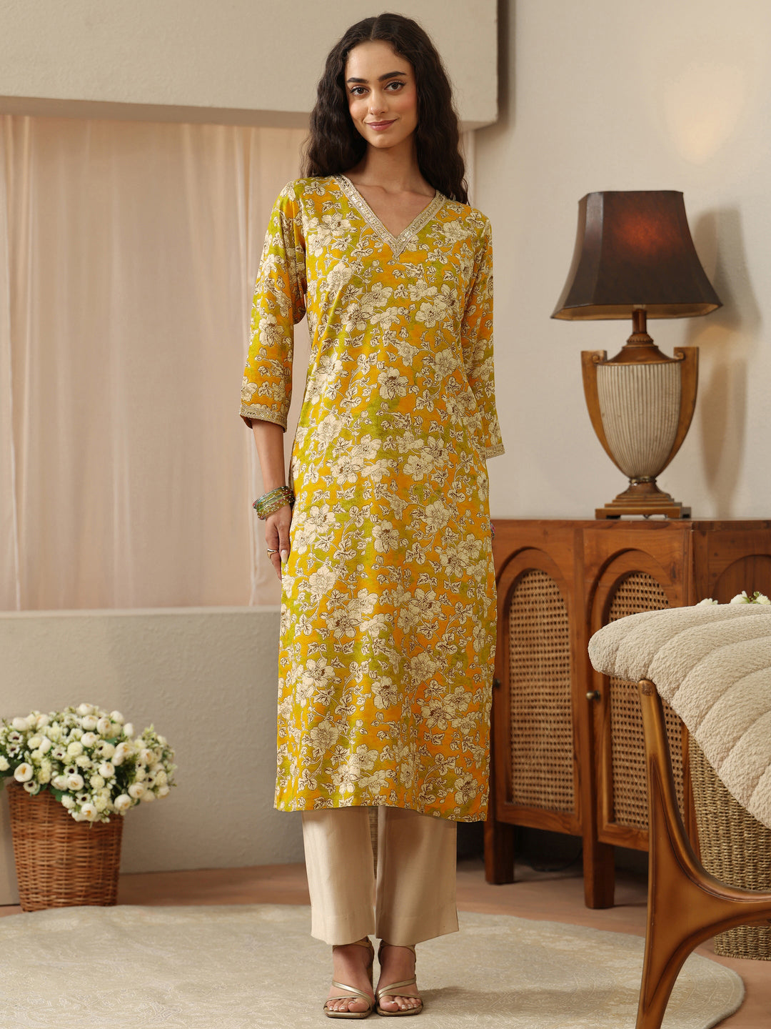Yellow Floral Printed Rayon Straight Kurta