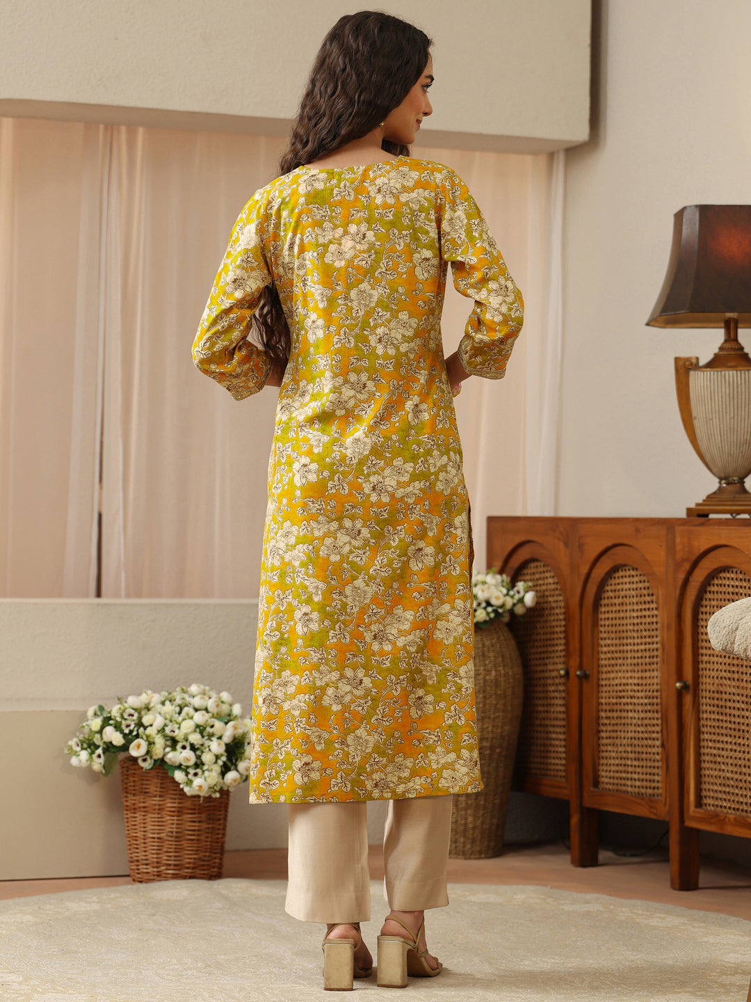 Yellow Floral Printed Rayon Straight Kurta