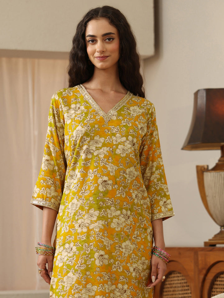Yellow Floral Printed Rayon Straight Kurta