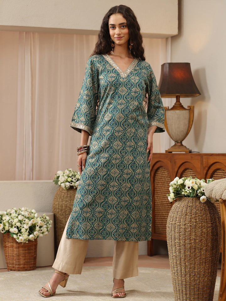 Teal Green Printed Rayon Straight Kurta