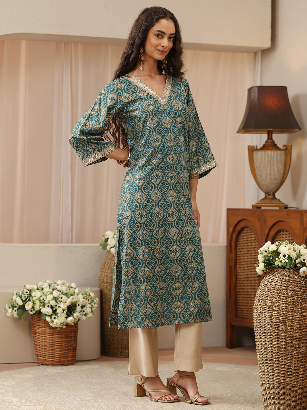 Teal Green Printed Rayon Straight Kurta