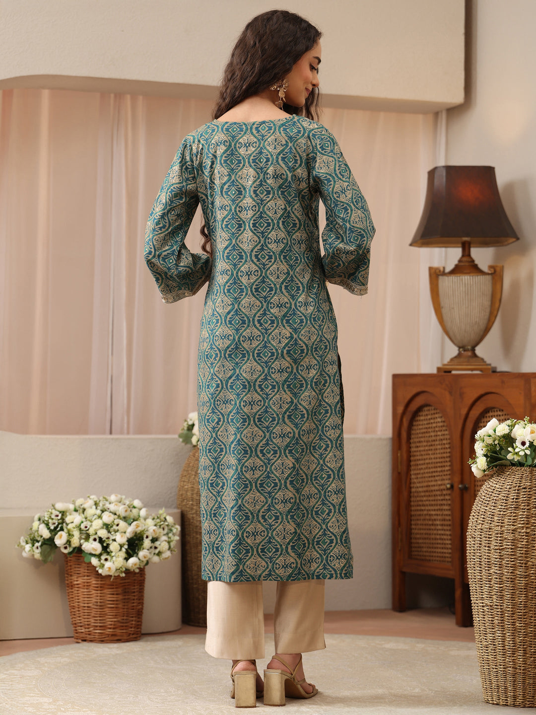 Teal Green Printed Rayon Straight Kurta