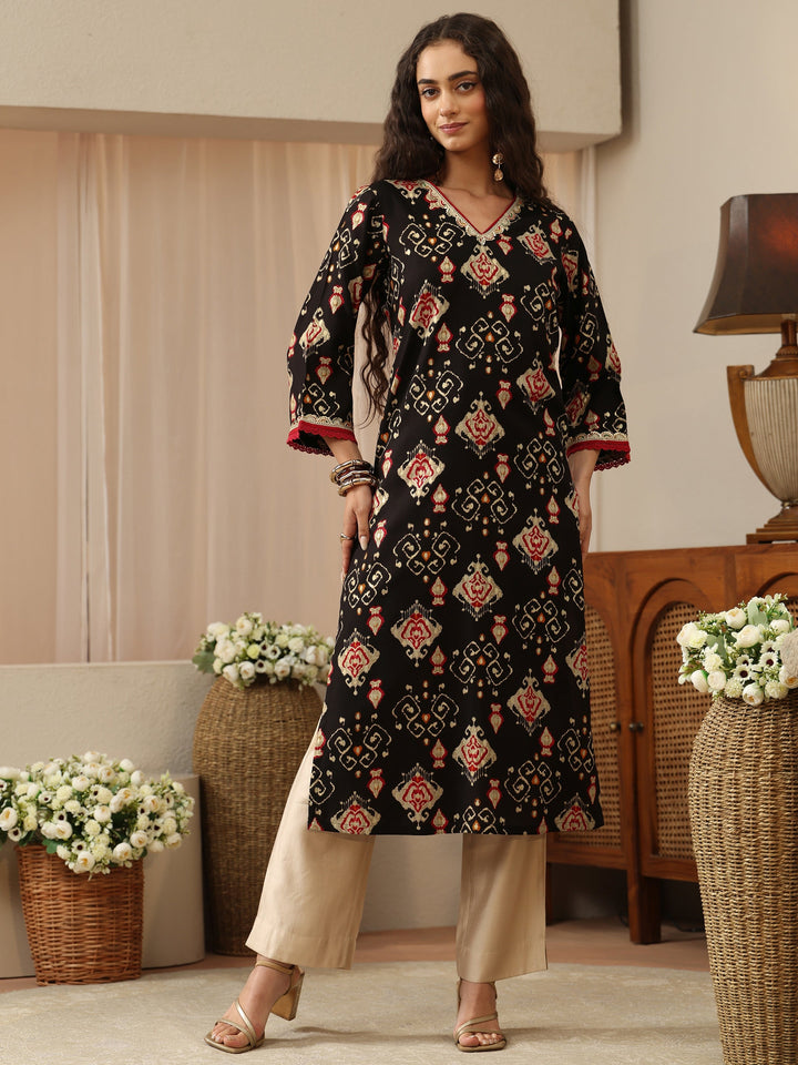 Black Patola Ikat Printed Rayon Straight Kurta