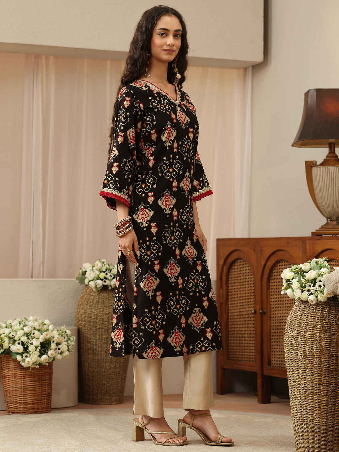 Black Patola Ikat Printed Rayon Straight Kurta