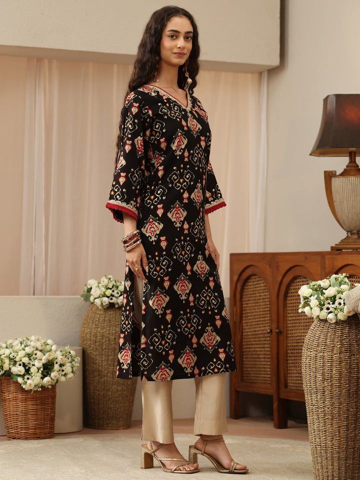 Black Patola Ikat Printed Rayon Straight Kurta