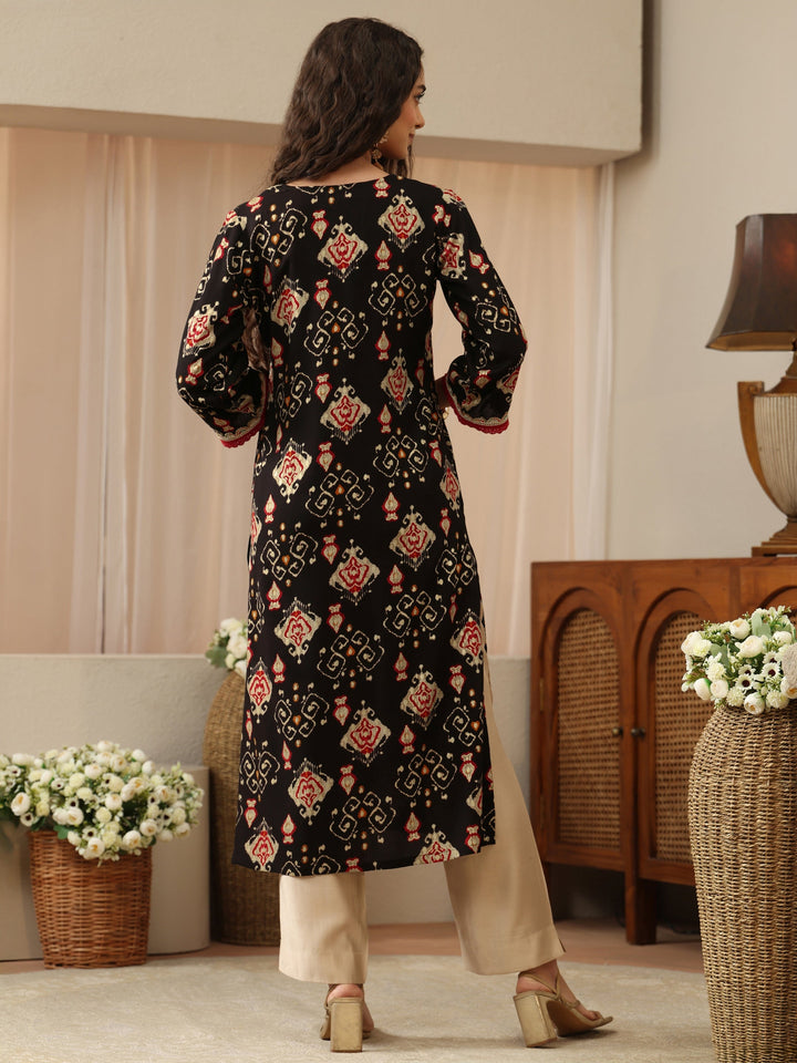 Black Patola Ikat Printed Rayon Straight Kurta