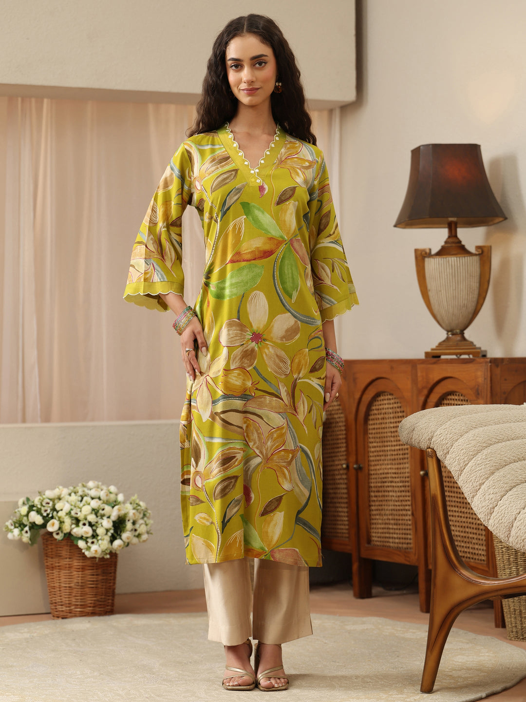 Lime Green Floral Printed Rayon Straight Kurta