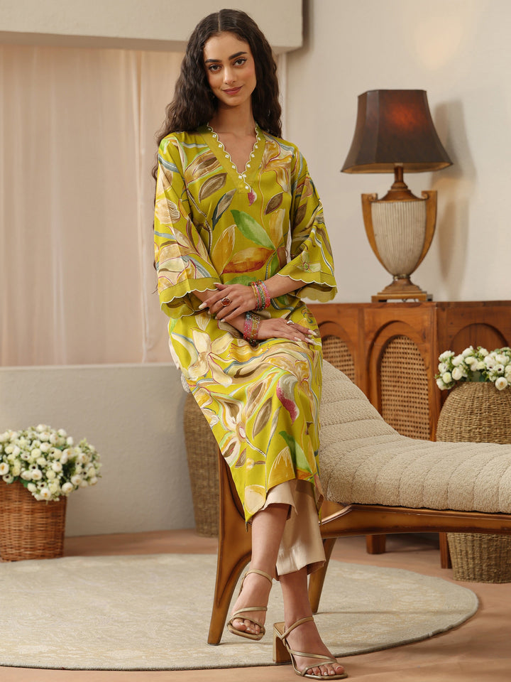 Lime Green Floral Printed Rayon Straight Kurta