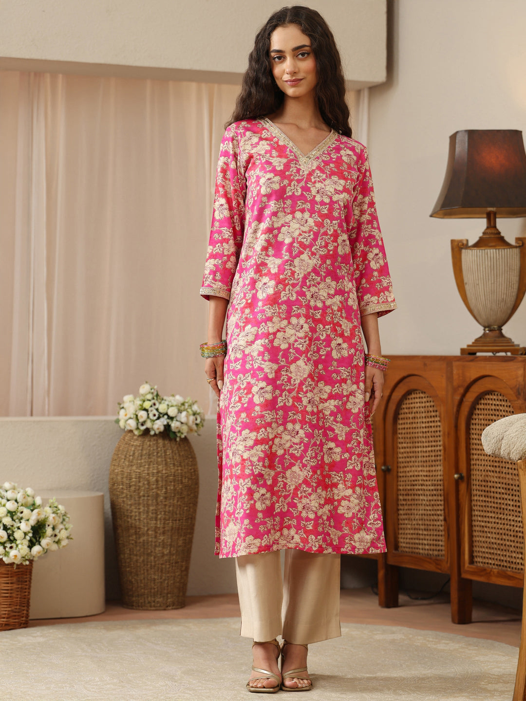 Pink Floral Printed Rayon Straight Kurta