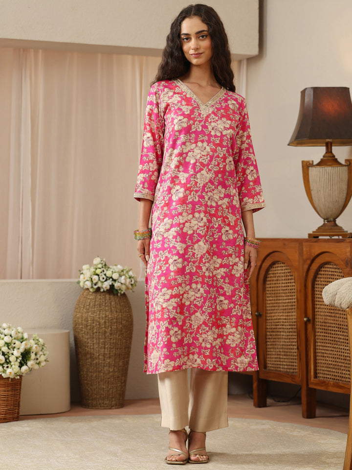 Pink Floral Printed Rayon Straight Kurta