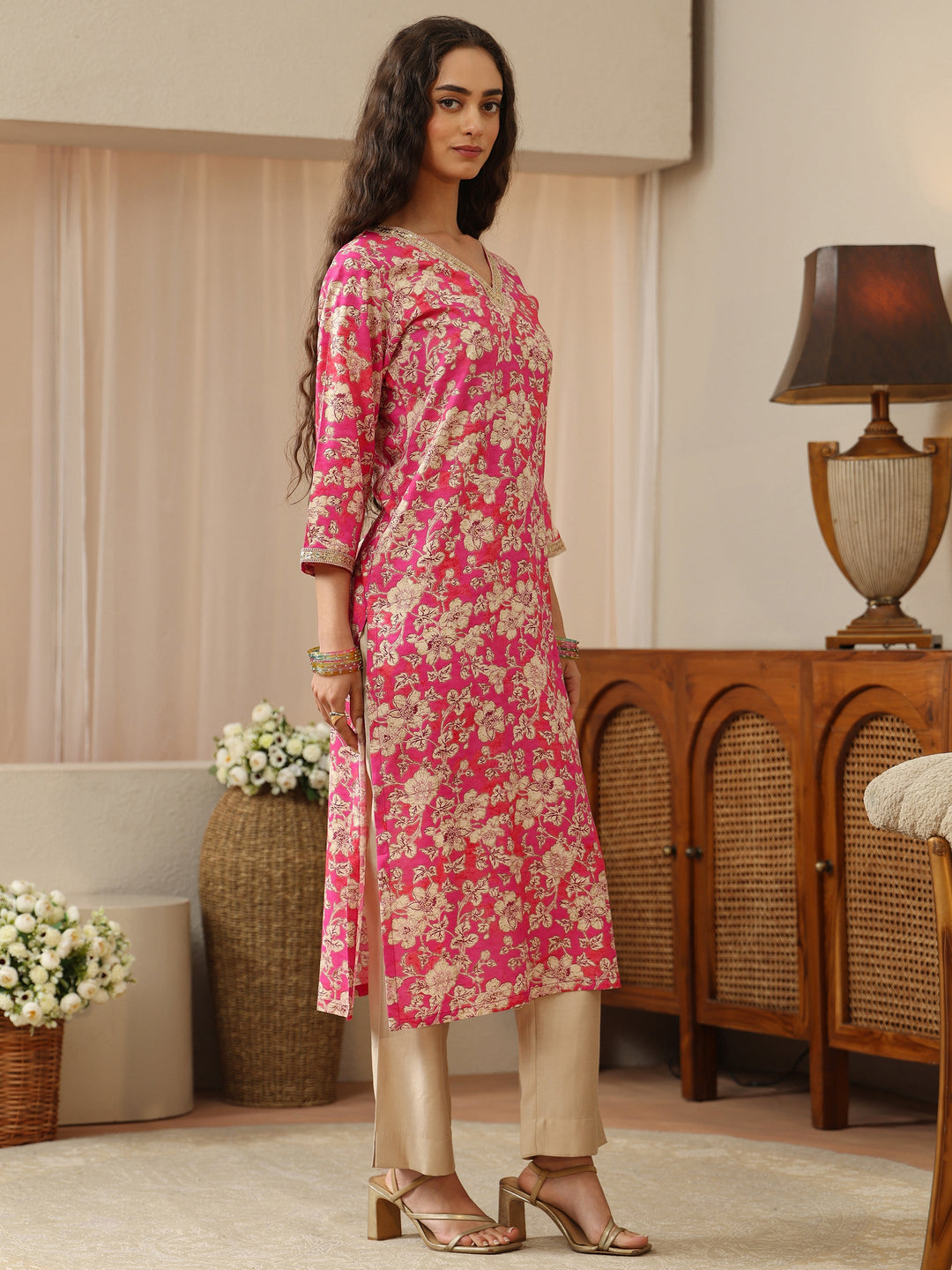 Pink Floral Printed Rayon Straight Kurta