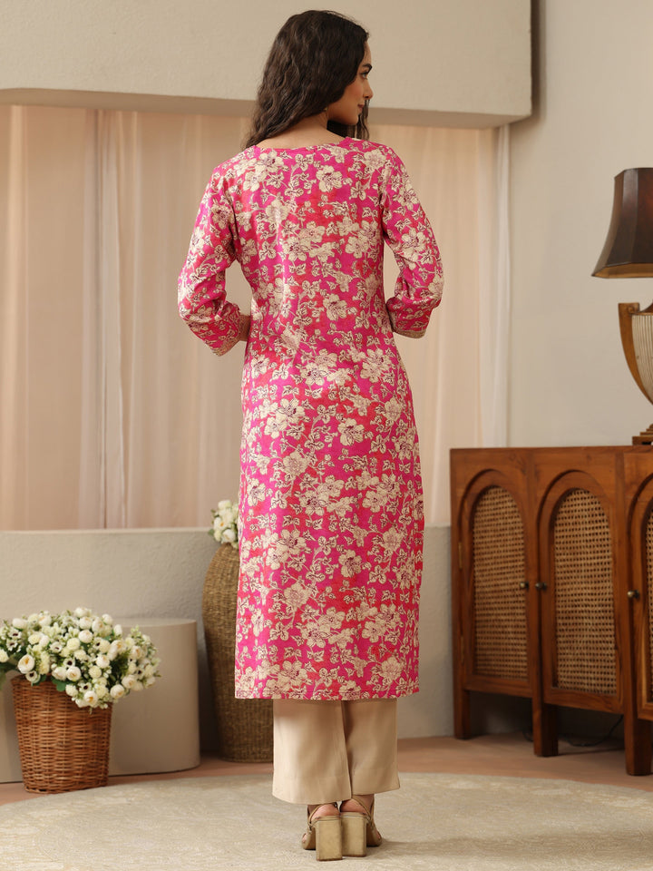 Pink Floral Printed Rayon Straight Kurta
