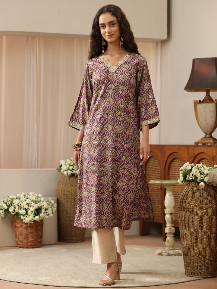 Purple Printed Rayon Straight Kurta