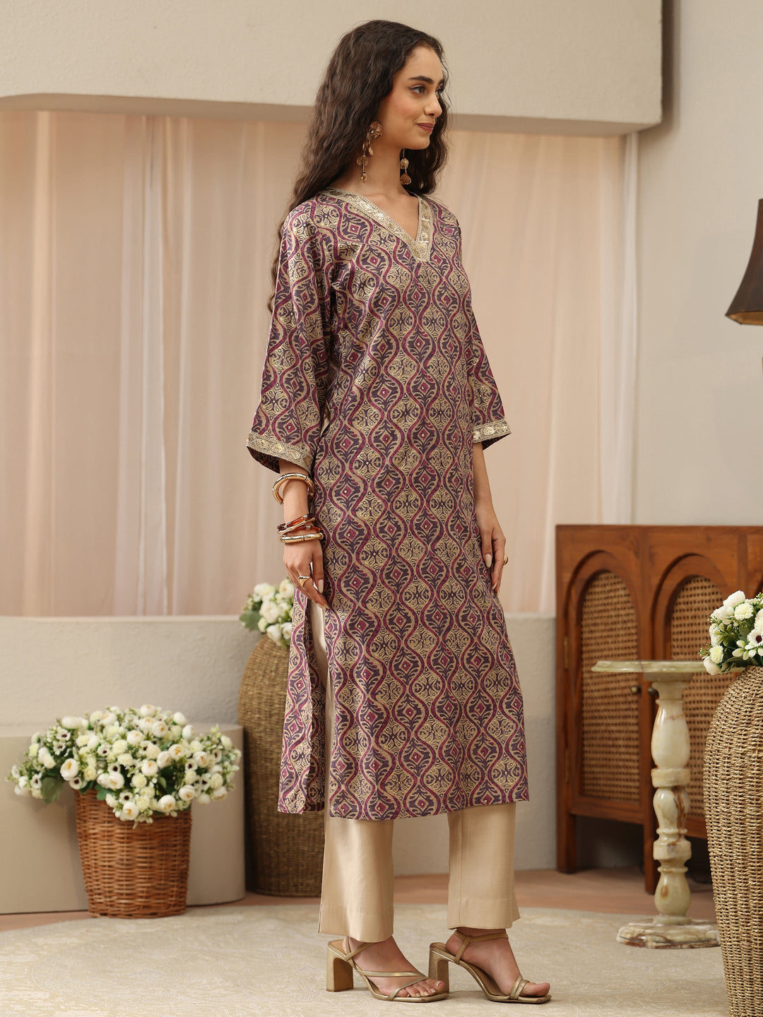 Purple Printed Rayon Straight Kurta