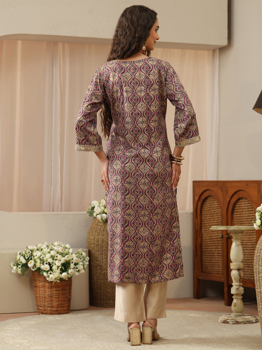 Purple Printed Rayon Straight Kurta