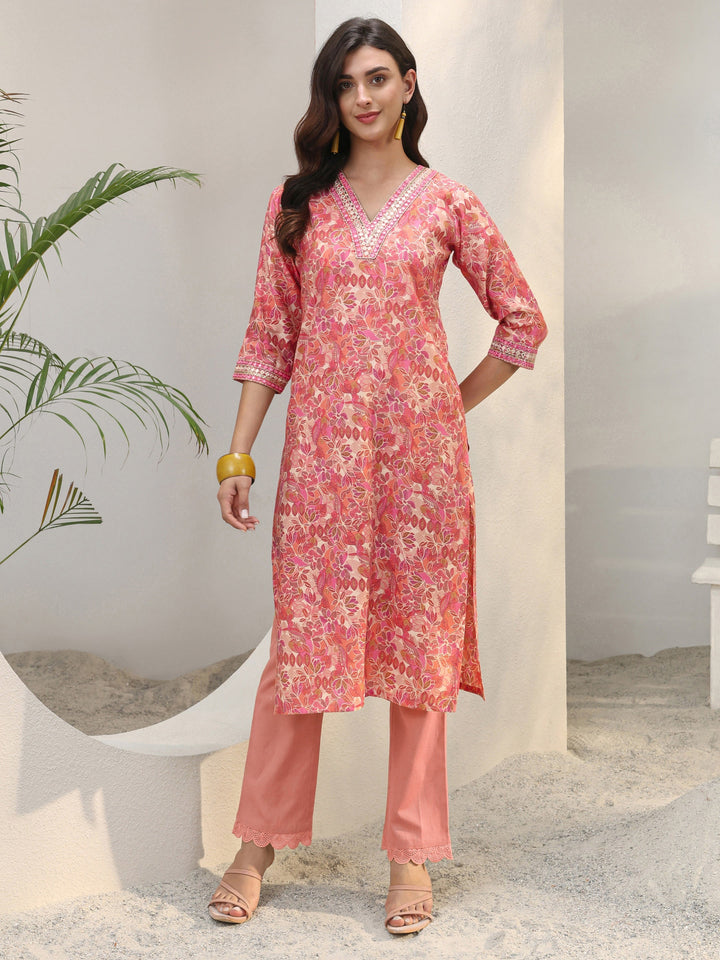 Peach Floral Printed Silk Blend Straight Kurta