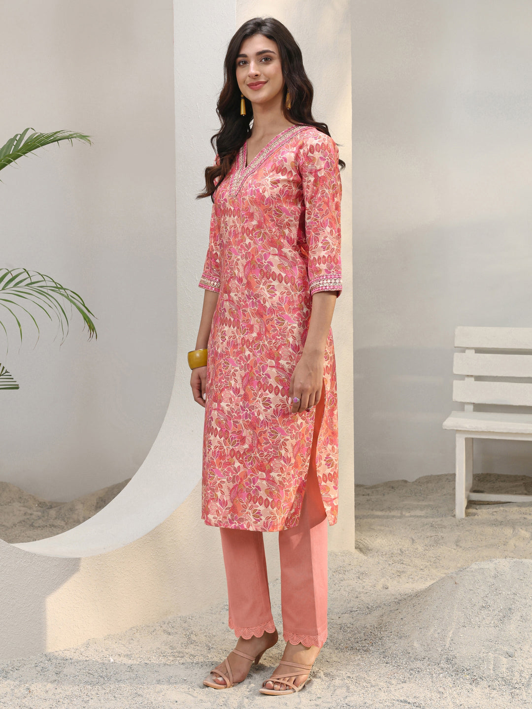 Peach Floral Printed Silk Blend Straight Kurta