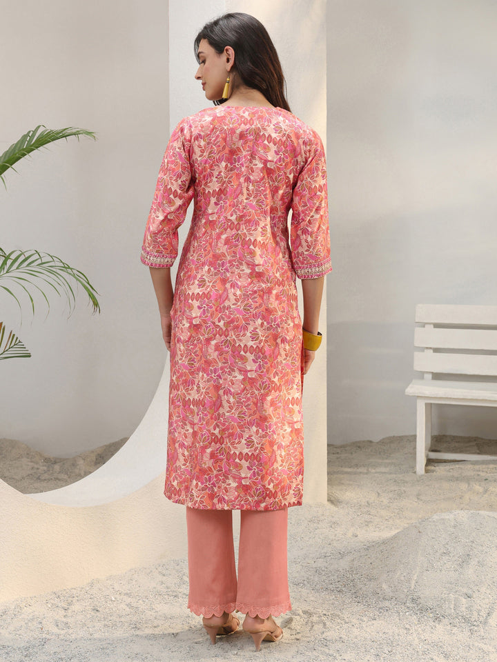Peach Floral Printed Silk Blend Straight Kurta