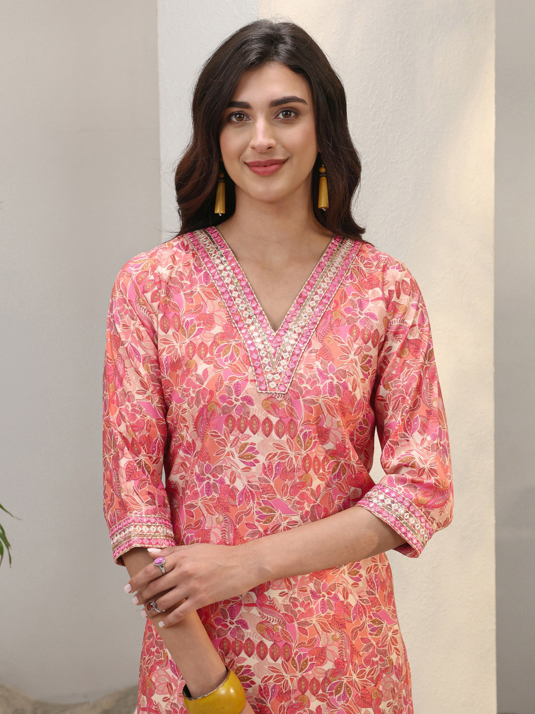 Peach Floral Printed Silk Blend Straight Kurta