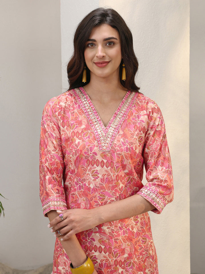 Peach Floral Printed Silk Blend Straight Kurta