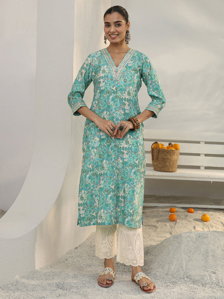 Green Floral Printed Silk Blend Straight Kurta