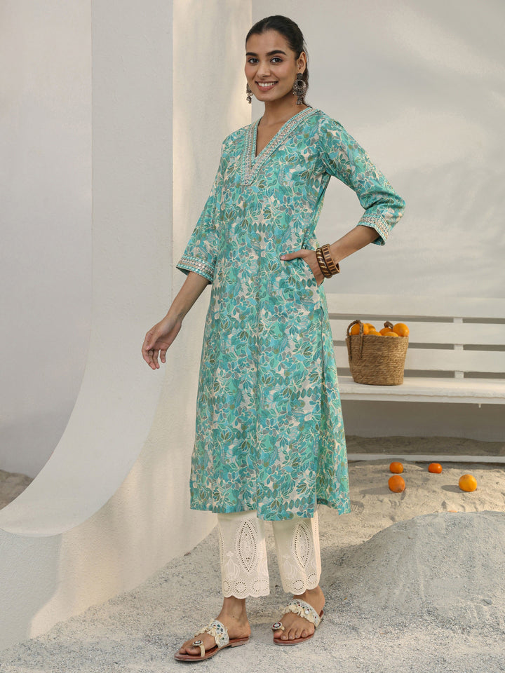 Green Floral Printed Silk Blend Straight Kurta