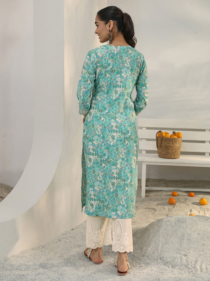 Green Floral Printed Silk Blend Straight Kurta