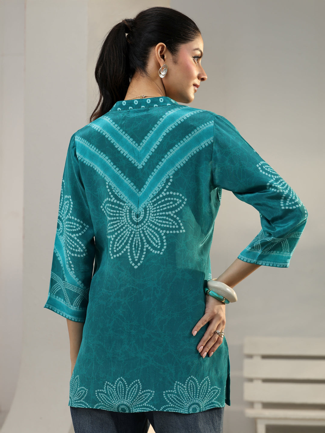 Teal Bandhani Printed Crepe Straight Short Kurti