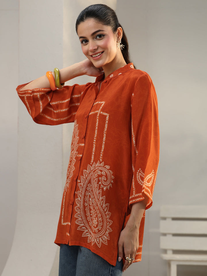 Orange Paisley Printed Crepe Shirt