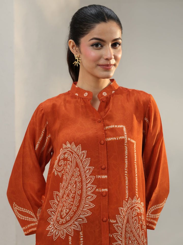 Orange Paisley Printed Crepe Shirt