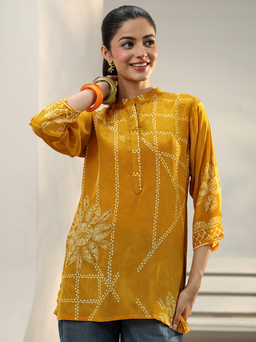 Mustard Floral Printed Crepe Straight Short Kurti
